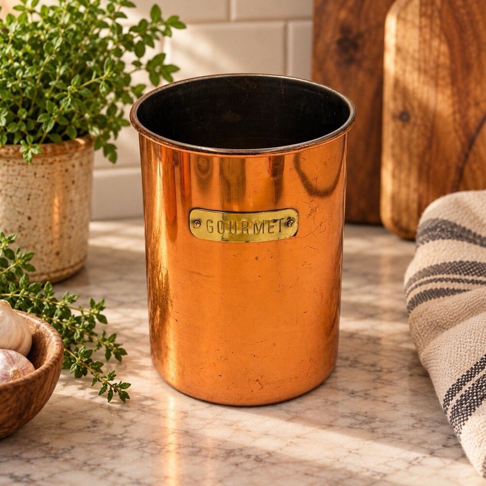 Copper "Gourmet" Canister Brass Tag Taiwan 6” MCM Vintage Kitchen Utensil Holder